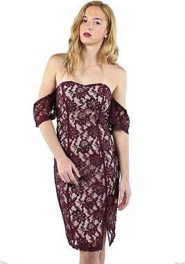 J.O.A. Womens Small Burgundy Cream Floral Lace Sleeveless Fitted Midi Dress